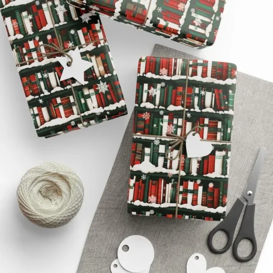 Discover Christmas Bookshelf Wrapping Paper, Festive Holiday Book Lover Gift Wrap