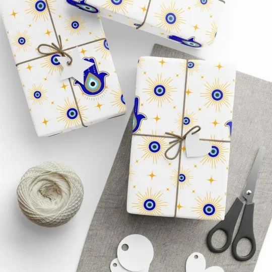 Discover Evil Eye Protection Wrapping Paper, Unique Blue Symbol Holiday Gift Wrap
