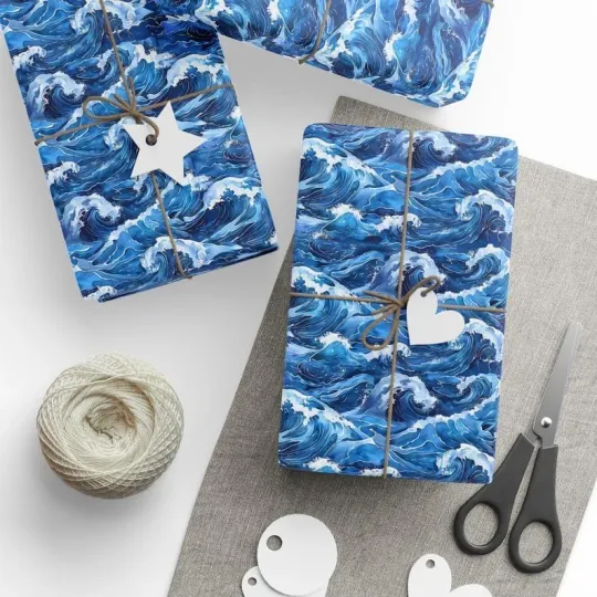 Discover Watercolor Blue Wave Wrapping Paper, Japanese Nautical Ocean Theme Gift Wrap
