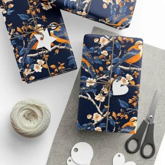Discover Chinoiserie Birds Wrapping Paper, Navy Botanical Vintage Holiday Gift Wrap
