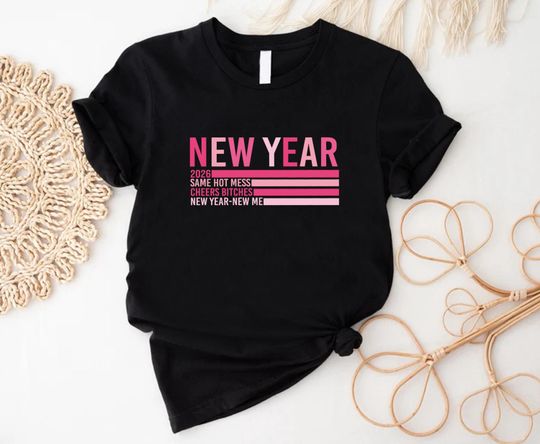 Discover Funny New Year New Me Graphic Shirt for Women, Pink Typography Celebration Top, Motivational Holiday Party Apparel