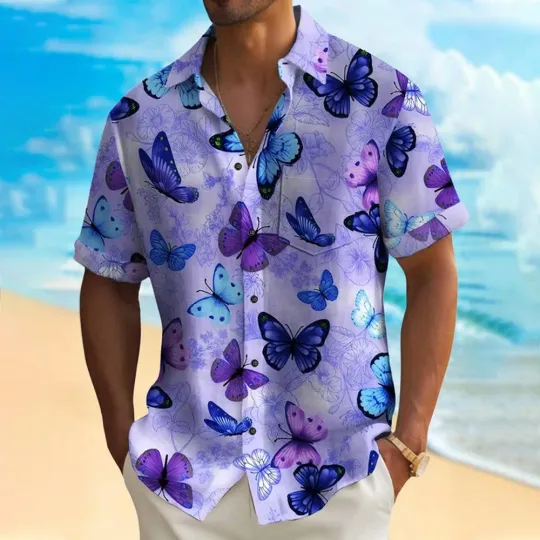 Discover Butterfly Tropical Flower Print Mens Hawaiian Shirt