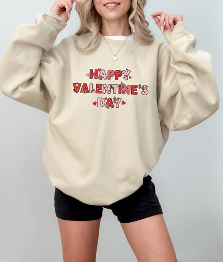 Discover Valentines Shirt, Sweatshirt Happy Valentines Day Shirt, Retro Hearts Typography Graphic Tee