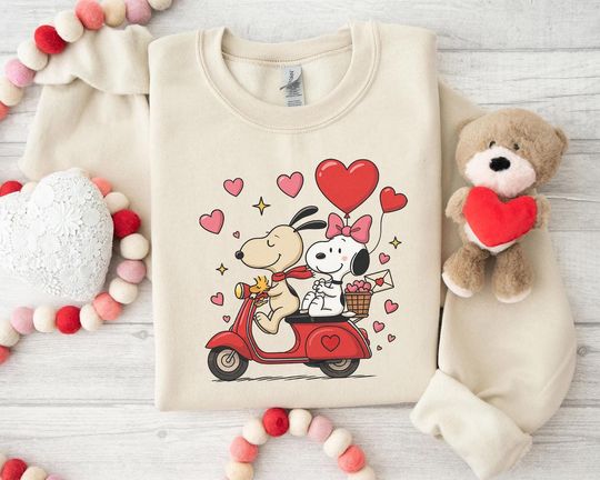 Discover Valentine Dog Scooter Sweatshirt, Cute Puppy Love Couple Artwork, Retro Heart Ride T-shirt, Cozy Gift for Dog Lovers