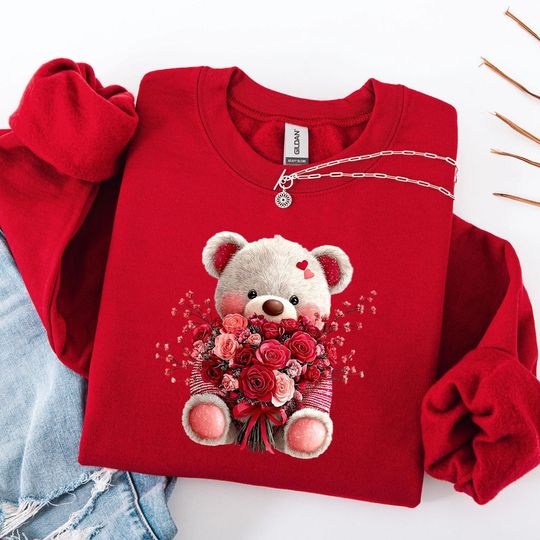 Discover Bear Rose Sweatshirt, Romantic Floral Bear Artwork T-shirt, Cute Valentine Gift, Soft Cozy Love Design for Women