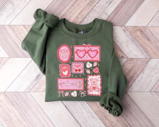 Discover Valentine Collage Sweatshirt, Cute Pink Hearts Teddy Bear Graphic, Be Mine Kiss Me Design, Valentines Day Gift for Her, Cozy Crewneck