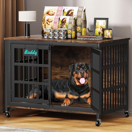 Discover 48"/42"/33" Dog Crate Furniture with Name Tag, Heavy Duty Dog Kennel Indoor for Large Dogs, Escape-Proof and Chew-Proof Dog Cag