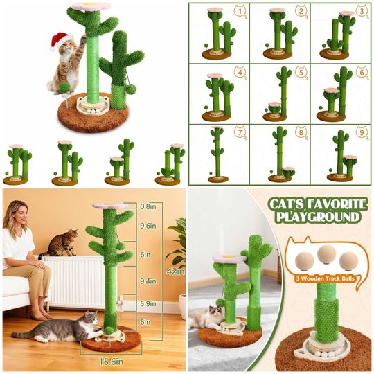 Discover 2025 New DIY Cactus Cat Scratching Post with Brush & Ball Toy | Modular Sisal Scratcher for Indoor Cats