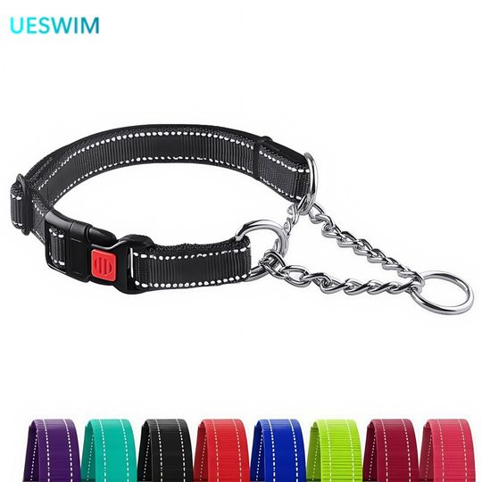 Discover Dogs Collar Stainless Steel Dog Choker Adjustable Dog Chain Reflective Nylon Fabric Pet Collars for Small Medium Large Dogs