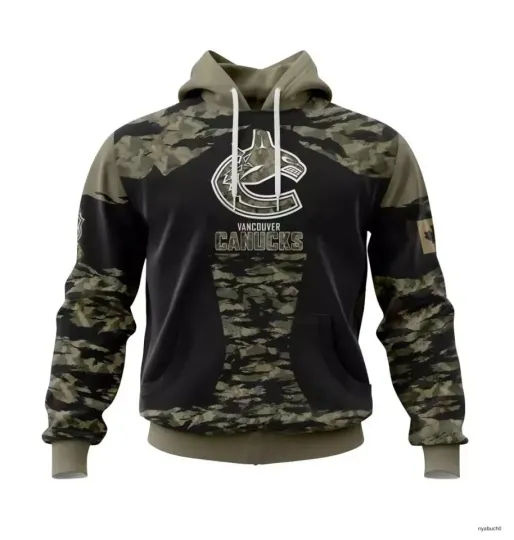Discover Personalize Vancouver Canuck Hoodie Military Camo Hockey Team Christmas Gift