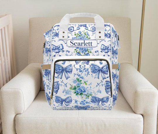 Discover Blue Chinoiserie Diaper Bag: Floral Coquette Bows,  Chinoiserie ,coquette, girl diaper bag, diaper bag,custom diaper bag,custom diaper bag,