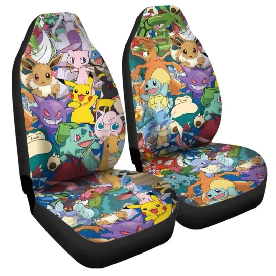 All PKM Pattern Car Seat Covers Anime Car Accessories Set Of 2
