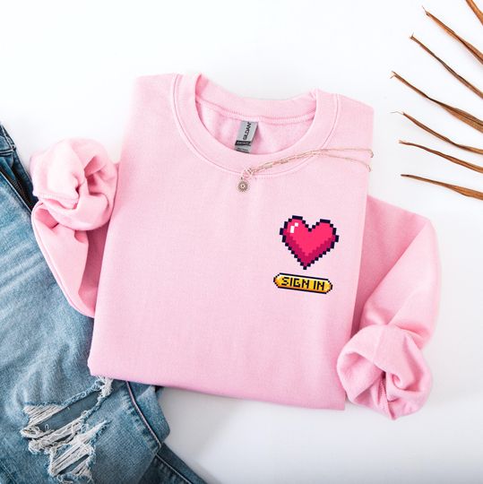 Discover Pixel Heart Shirt, Sign In Button Tee, Retro Gamer Valentine, 8-bit Arcade Top