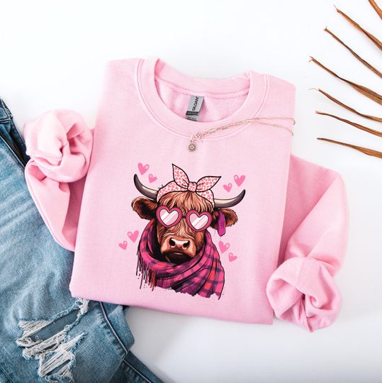 Discover Highland Cow Sweatshirt, Valentine Heifer Crewneck, Heart Glasses Top, Farm Animal Apparel