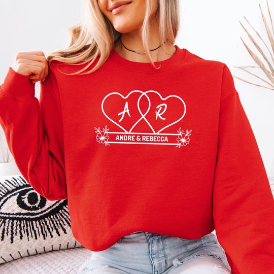 Discover Personalized Couple Sweatshirt, Custom Names Valentine Gift Initial Hearts