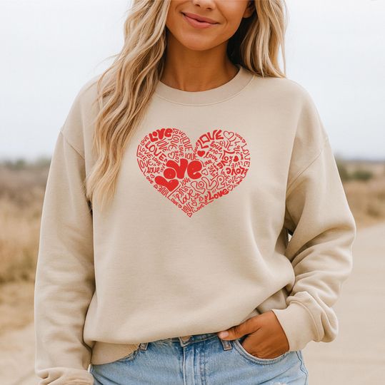 Discover Love Word Heart Sweatshirt, Typography Crewneck, Doodle Text Graphic, Valentine Pullover