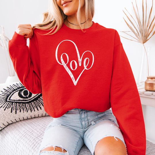 Discover Love Heart Word Sweatshirt, Cursive Script Crewneck, Calligraphy Text Top, Minimalist Pullover