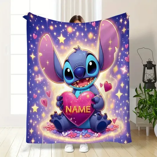 Discover Personalized Cute Stitch Holding Heart Shape Fleece Blanket Featuring Lilo and Stitch