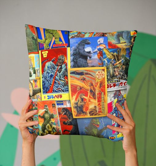 Discover Retro god zilla Collage Pillow - Movie Monster Poster Cushion