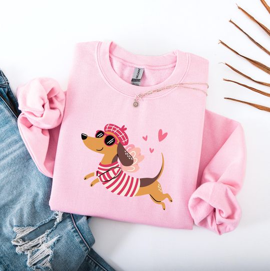 Discover Trendy Dachshund Sweatshirt, Pink Valentine Shirt, Dog Lover Gift Shirt
