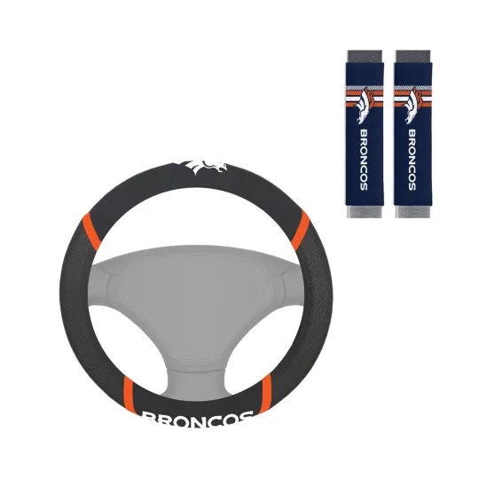 Discover NEW DENVER BRONCOS MESH GRIP STEERING WHEEL COVER & 2 SEAT BELT PAD COVERS