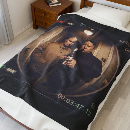 Vintage Kim Jong Un and Putin Photo Fleece Blanket with Beer Holding and Doorbell Scene