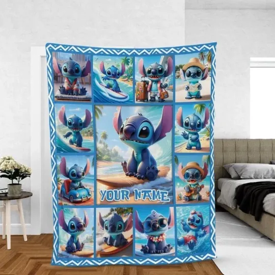 Discover Stitch Blanket, Fleece Sherpa Throw, Custom Name Cartoon Kids Gift