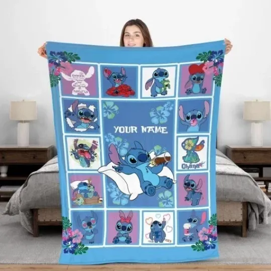 Discover Stitch Blanket, Fleece Sherpa, Custom Name Cartoon Kids Gift