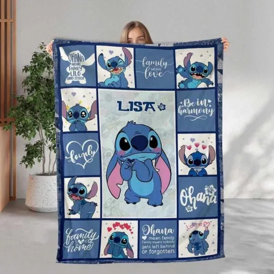 Discover Stitch Blanket, Fleece Sherpa, Custom Name Cartoon Kids Gift