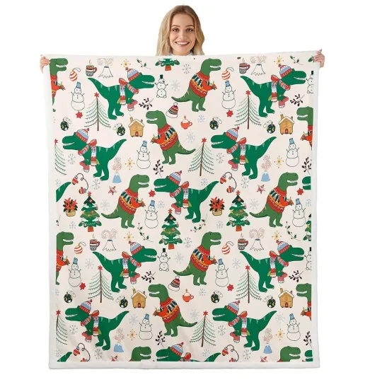 Discover Christmas Fleece Blanket for Bed Sofa Couch Cartoon Dinosaur Christmas