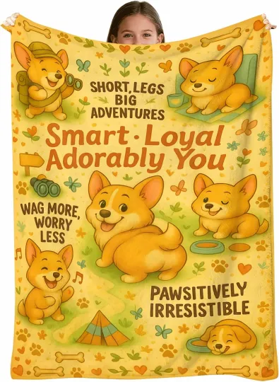 Discover Corgi Blanket, Soft Flannel Fleece, Cartoon Camping Dog Print