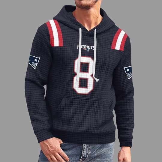 Discover New England Patriots Red Hoodie - Quilted Texture football Pullover - Navy and White Accents - Number 8 Jersey Style Fan Gear