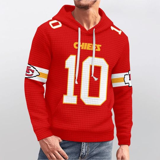 Kansas City Chiefs Hoodie - White Quilted Texture football Pullover - Red and Gold Number 10 Jersey Style - Football Fan Apparel
