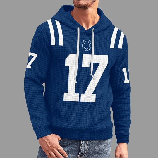 Discover Indianapolis Colts Hoodie - White Quilted Knit Pullover - Blue and White football Fan Gear - Number 17 Jersey Style Sweatshirt
