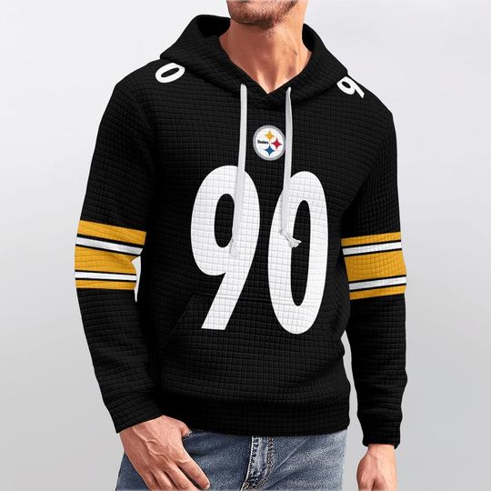 Pittsburgh Steeler Hoodie - White Pullover - Black and Gold Stripes - football Fan Gear - Number 90 Jersey Style Sweatshirt