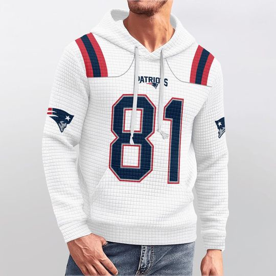 New England Patriots Hoodie - White Pullover - Red White and Blue Accents - football Fan Gear - Number 81 Jersey Style