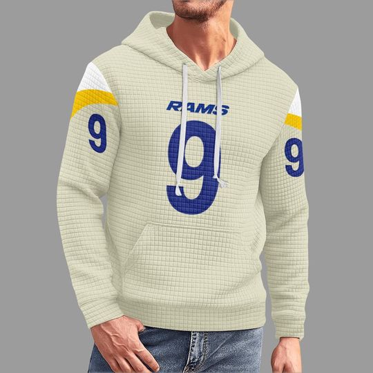 Los Angeles Rams Hoodie - White  Pullover with Yellow Sleeves - football Fan Gear - Number 9 Jersey Style Sweatshirt