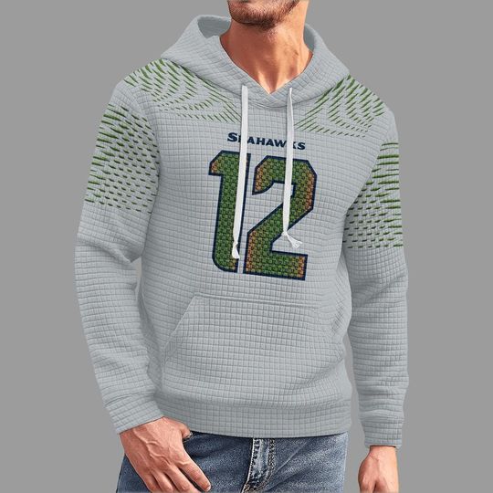 Discover Seattle Seahawks Number 12 Waffle Hoodie, Gray Quilted Football Fan Pullover, Men's Gameday Sweatshirt for the 12th Man Fan