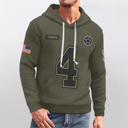 Dallas Cowboys Military Hoodie, Number 4 Salute to Service , Men's Football Fan Pullover Army Green
