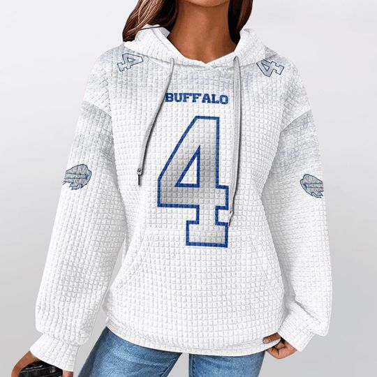 Discover Buffalo Bills Number 4 Quilted Hoodie, White Ombre Design Football Gameday Pullover, Women's Tailgate Fan