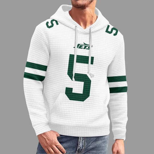 Discover New York Jets Number 5 Hoodie, White and Green Football Pullover, Gameday Jersey Style for football Fans
