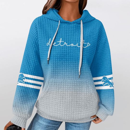 Detroit Lions Ombre Hoodie, Stylish Blue and Gray Gradient Sweatshirt, Women's Football Gameday Pullover Script Text