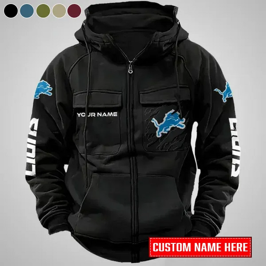 Detroit Lions New Personalized Multi-Pockets Zip-Up Hoodie