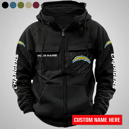 Los Angeles Chargers New Personalized Multi-Pockets Zip-Up Hoodie