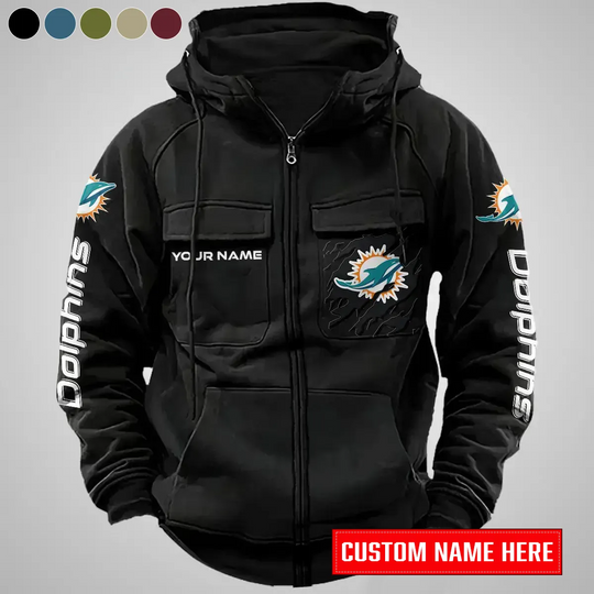 Miami Dolphins New Personalized Multi-Pockets Zip-Up Hoodie