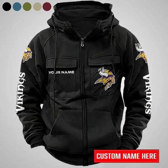 Minnesota Vikings New Personalized Multi-Pockets Zip-Up Hoodie