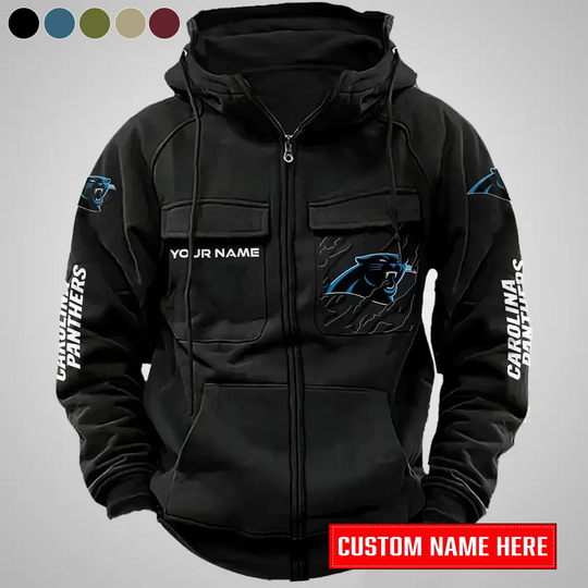 Carolina Panthers New Personalized Multi-Pockets Zip-Up Hoodie