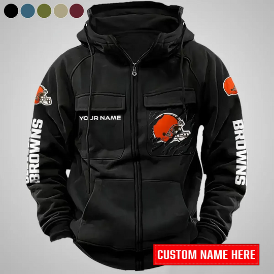 Cleveland Browns New Personalized Multi-Pockets Zip-Up Hoodie