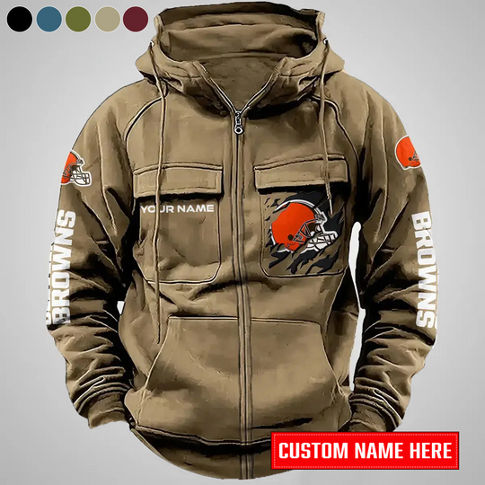Cleveland Browns New Personalized Multi-Pockets Zip-Up Hoodie
