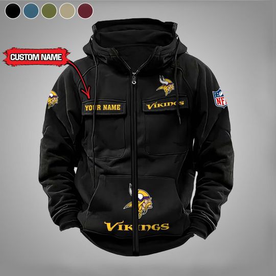Minnesota Vikings Personalized Multi-Pockets Zip-Up Hoodie